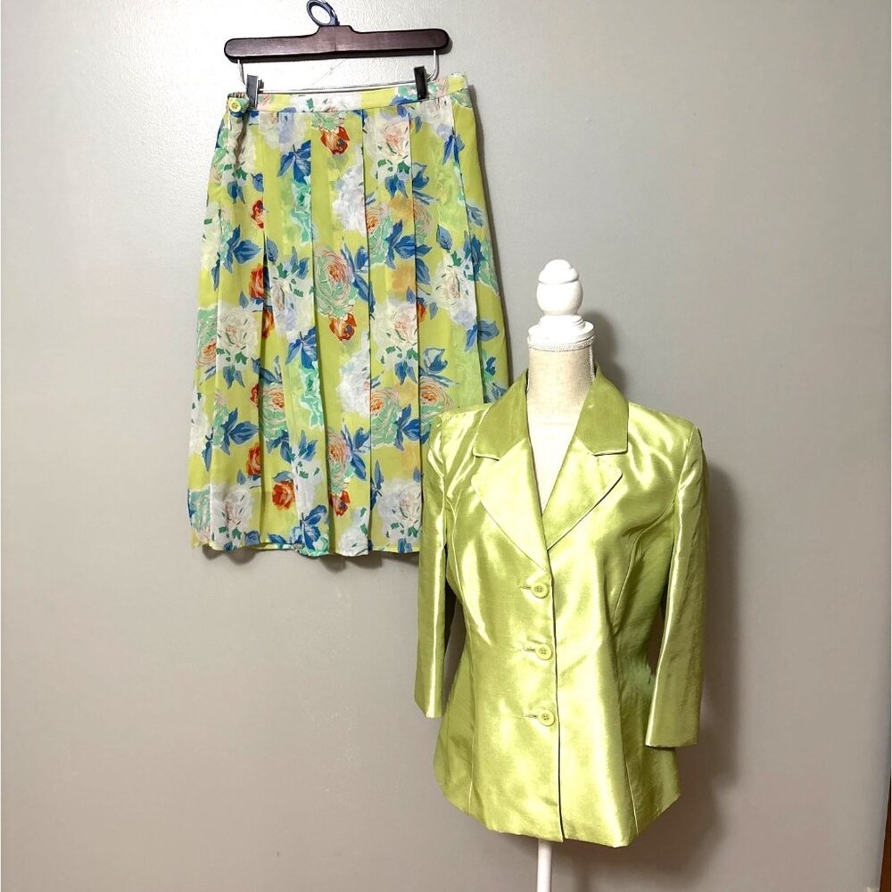 Vintage Madam X Lime Green Blazer & Floral Pleated Skirt Set M